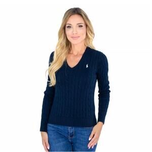 Polo Ralph Lauren Navy Blue Cable-Knit V-Neck Sweater - Size L